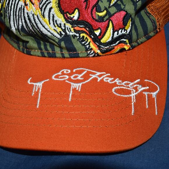 Ed Hardy Screaming Tiger Trucker Snapback Mesh Hat Baseball Cap Orange Y2K - Picture 5 of 10